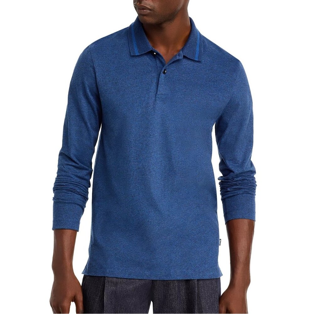Hugo Boss Men's BOSS Pittman Tipped Collar LS Polo Cotton Shirt Solid Dark Blue